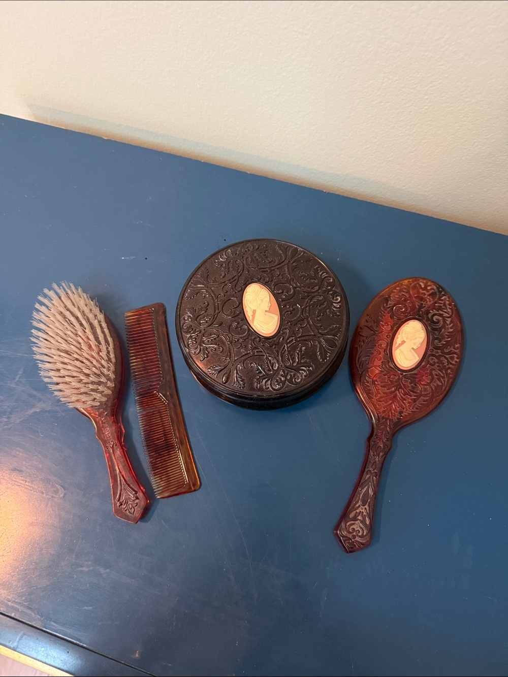 Avon Vintage Tortoiseshell Vanity Set with Cameo Accents